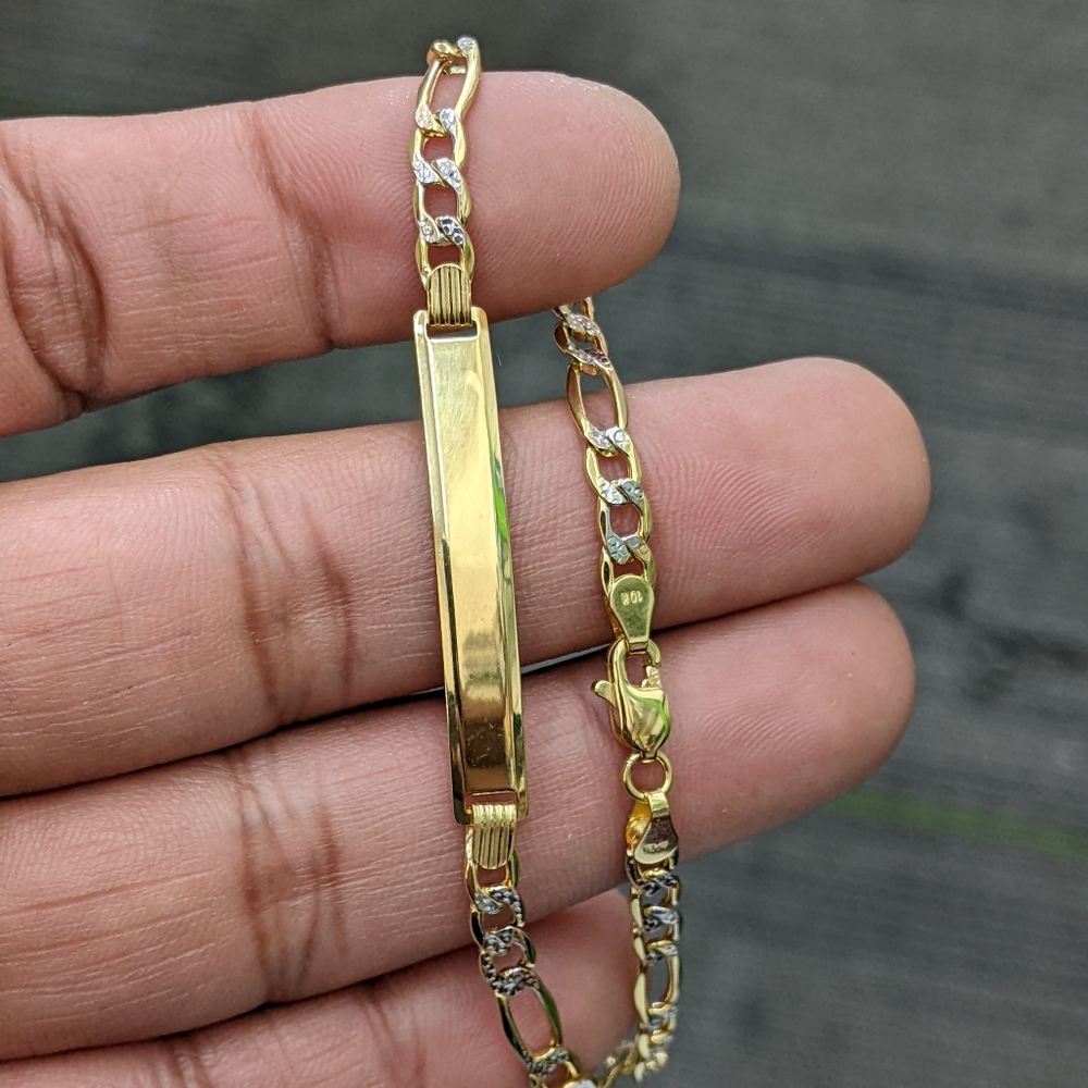 10kt Real Gold Figaro Diamond Cut ID Bracelet